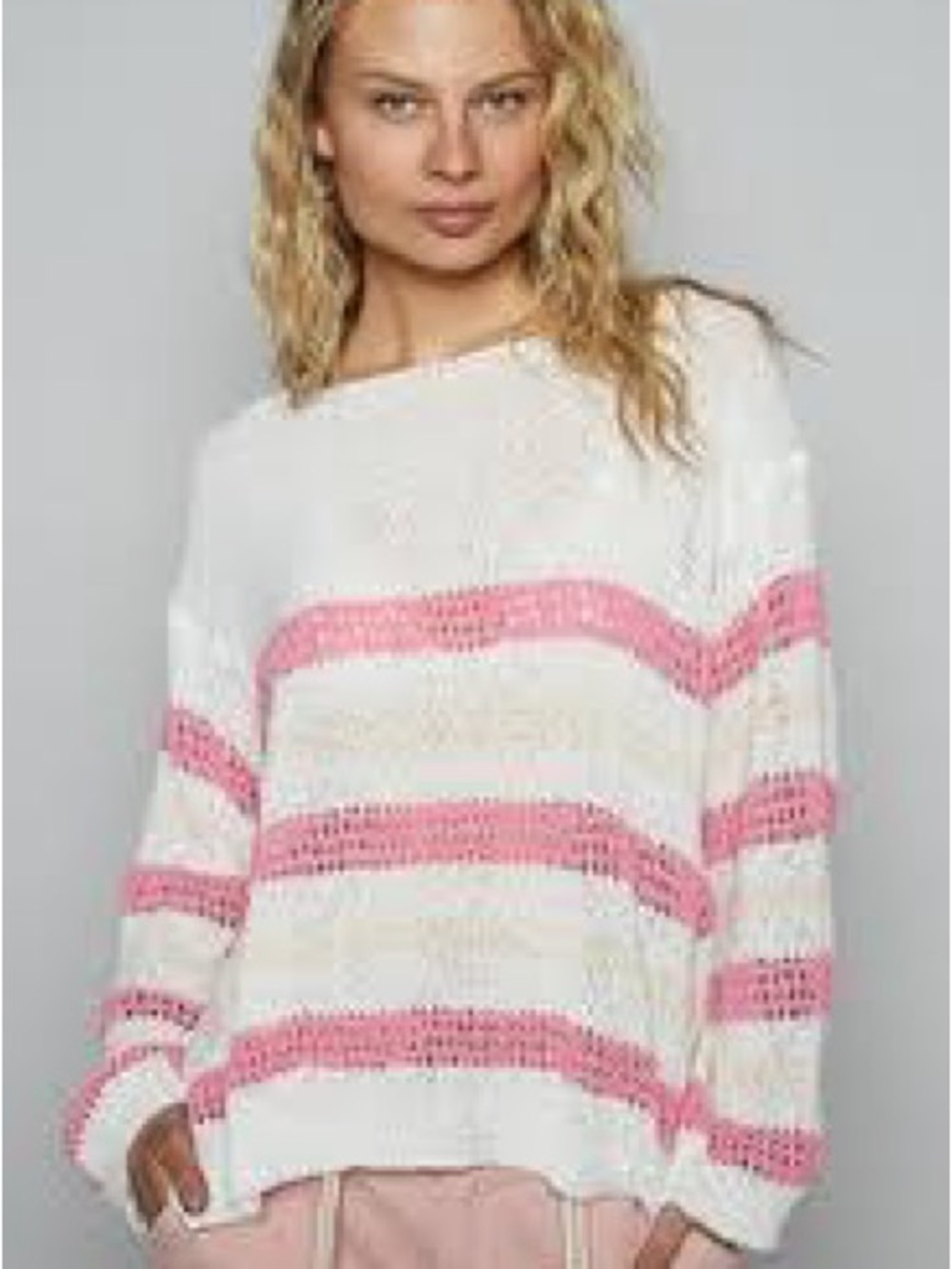 POL White Sweater with Cream & Pink Stripes Brand New Large